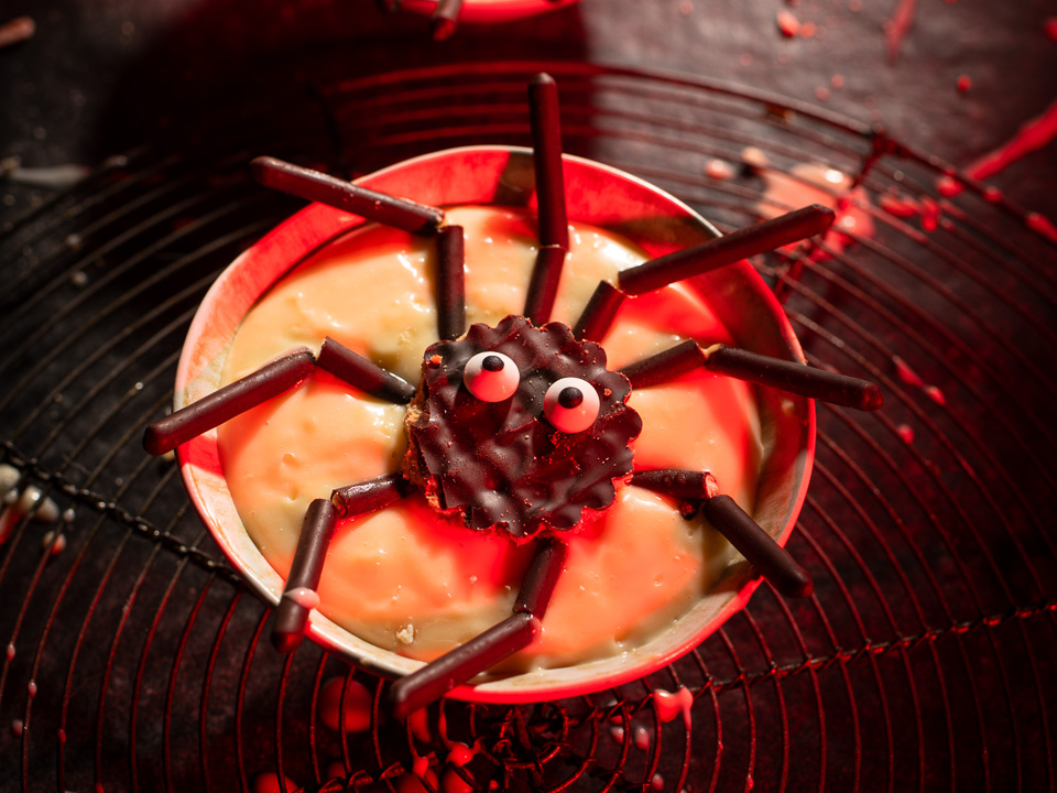 Vanilledessert mit Spinne