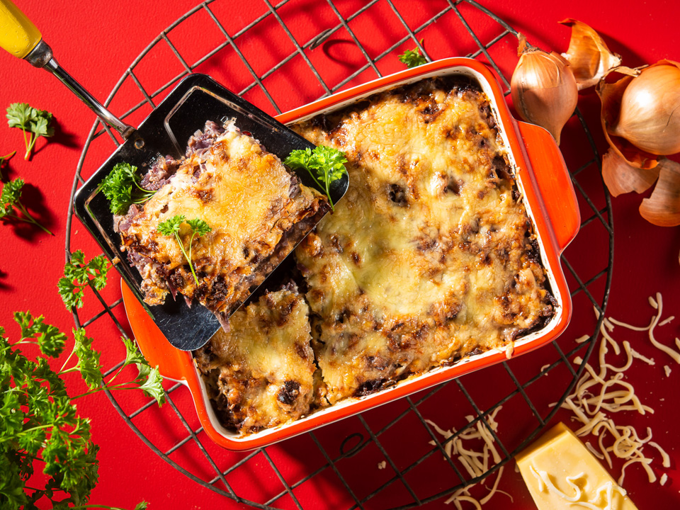 Überbackene Rotkohlpfanne mit Hack