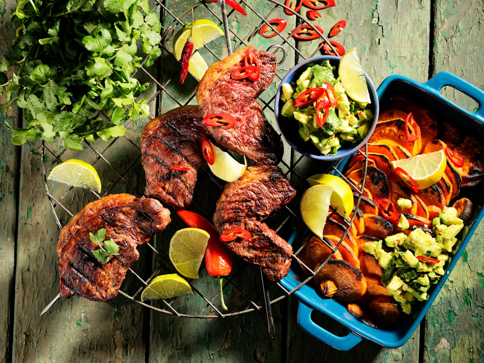 Picanha-Spieß mit Süßkartoffeln und Avocado Picanha-Spieß mit Süßkartoffeln und Avocado